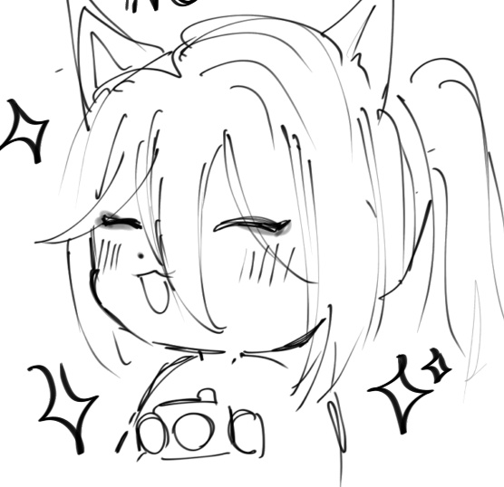 a black and white sketch of an anime girl with cat ears, smiling and blushing. she has a cute, happy expression and is looking at the viewer. the art style is loose and sketchy, with lines that are often curved and flowing. the girl's hair is long and flowing and she is drawn in a simple, stylized way that is typical of anime and manga. there are also some stars drawn around her head, suggesting that she is happy or excited.