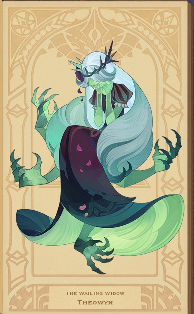 this image is a digital illustration of a character named "theowyin," also known as "the wailing widow." she is depicted as a pale, ghostlylooking woman with long teal and green hair, wearing a dark purple and green gown. her hands are clawlike, and she appears to be weeping. the artwork is framed in an ornate, art nouveaustyle border, with the character's name and title prominently displayed at the bottom. the overall style is dark, mysterious, and evocative of fantasy or gothic themes. the image suggests a card or piece of artwork from a game or other similar media.