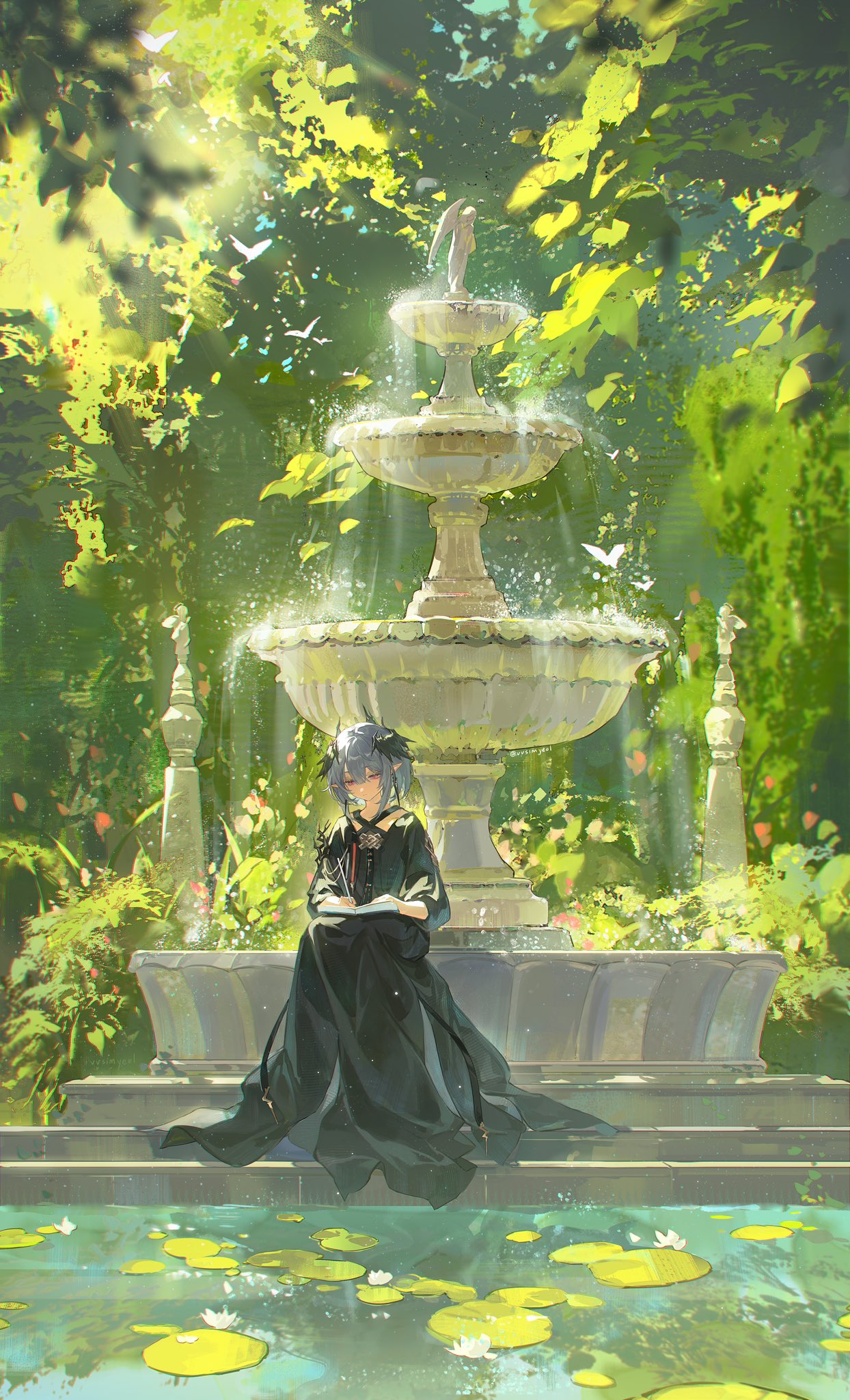 the illustration depicts an anime girl with dark hair and a black dress sitting on the edge of a stone fountain in a tranquil garden. the fountain has multiple tiers and is surrounded by lush greenery, including a pond with water lilies. the girl is reading a book, and sunlight filters through the leaves, creating a peaceful and serene atmosphere. the overall style is fantasylike, with soft colors and a dreamlike quality. the scene is richly detailed, showcasing the artist's skill in creating a visually appealing and atmospheric piece of art.
