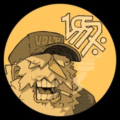 a circular digital illustration featuring a stylized, grufflooking man's face and torso. he wears a worn baseball cap with "volp" emblazoned across the front.  he has a large, bulbous nose, exaggerated teeth visible in a wide grin, and thick, messy hair and beard. a cigarette hangs from his mouth, trailing smoke that partially obscures japanese characters in the background. the overall color palette is a limited range of yellows and browns.