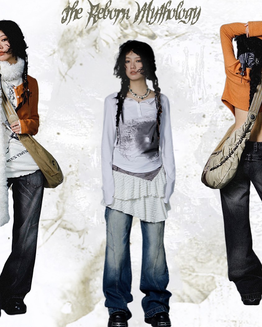 the image showcases three female models dressed in various styles of 2000sinspired fashion.  the central model wears a white longsleeved top with a ruffled layered skirt, paired with blue denim flared jeans. she has long dark hair styled in braids.  the models on either side wear orange sweaters and darkwash denim jeans, with one carrying a large shoulder bag. all three are posed against a textured, lightgrey background with the words "the reborn mythology" at the top. the overall aesthetic blends elements of bohemian, grunge, and casual styles with a distinct vintage feel. the photography style is editorial, suggestive of a fashion catalog or magazine spread.