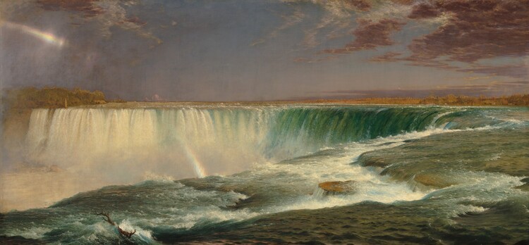 a painting of niagara falls with a rainbow in the mist, showing water cascading over the falls into a river with rocks. the sky is cloudy, and trees line the top of the falls.
