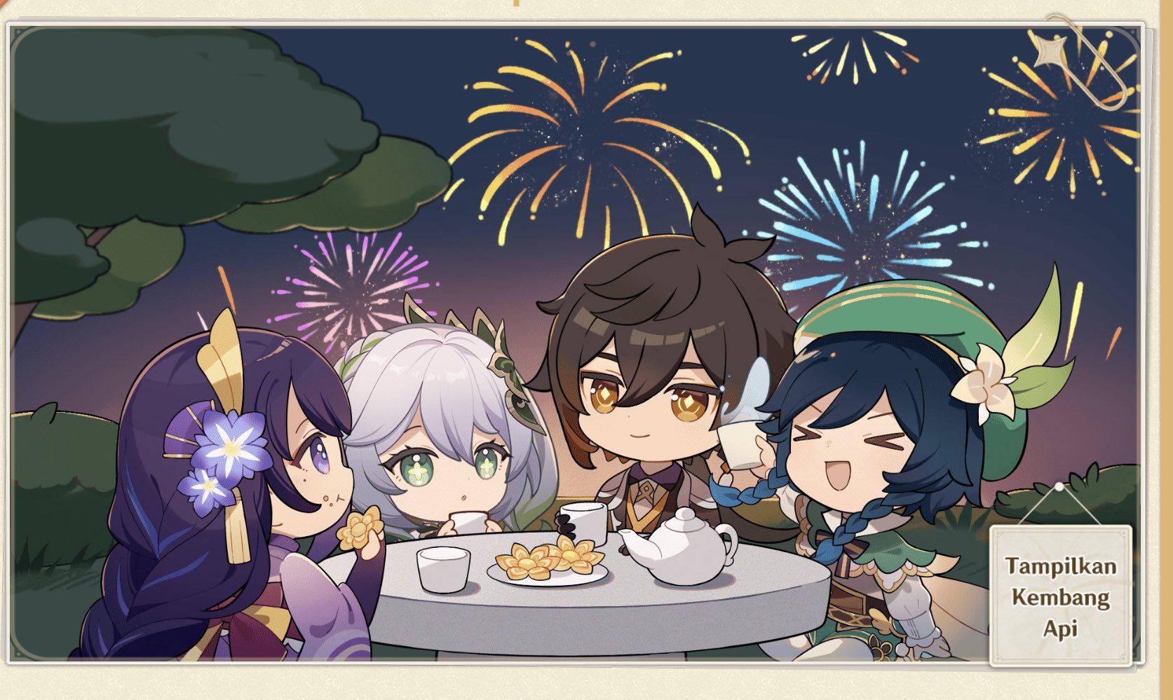 the image is a cute chibi style illustration of four genshin impact characters celebrating a festival. the characters are gathered around a table with mooncakes and tea.  the night sky is filled with colorful fireworks. the characters all look happy and are dressed in traditional clothing.  the characters are from left to right: hu tao, ganyu, xiao, and ayaka.  in the bottom right corner of the image, a sign says "tampilkan kembang api" which translates to "display fireworks."