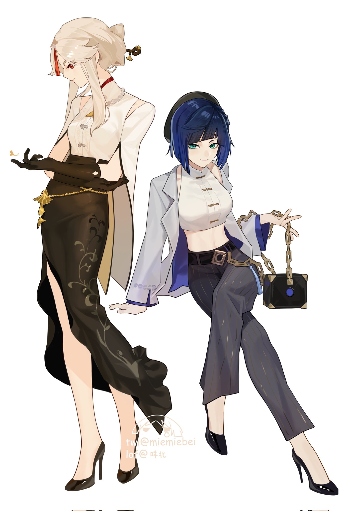 two anime characters in a drawing. the character on the left is a woman with long blonde hair. she is wearing a white top and long black dress. the character on the right is a woman with short blue hair. she is wearing a white top, a blue jacket, black pants and heels. she is sitting down and holding a black purse.