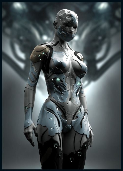 this digital art image depicts a female cyborg in a futuristic setting. she is clad in metallic armor, with a grey and blue color scheme. her body is sleek and muscular, highlighting the technological advancements in this future world. the cyborg's eyes glow with an ethereal light, and she stands with a confident pose. the background features an abstract pattern of metallic textures and lights. the overall impression is one of powerful beauty and technological prowess.
