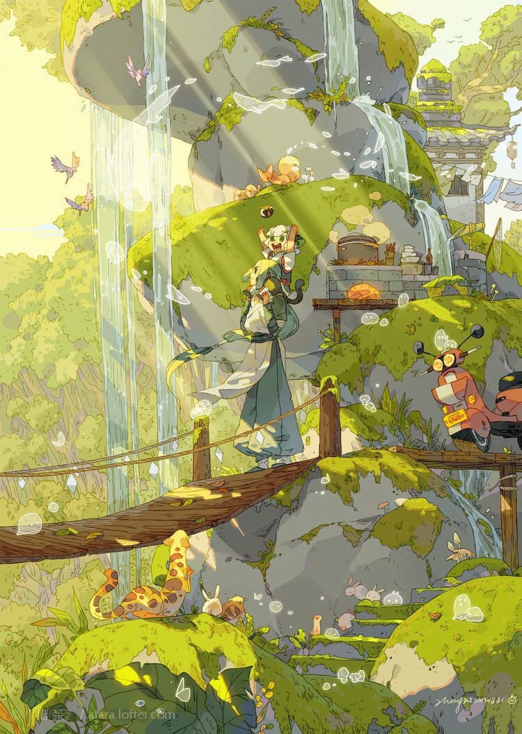 this illustration is a whimsical and fantastical landscape with animestyle characters. the scene features a waterfall cascading down a series of mosscovered rocks, creating a mystical and magical atmosphere. a wooden bridge stretches across the water, leading to a small, cozy cottage nestled amongst the rocks. the bridge is lined with a rope handrail, adding to the sense of charm and adventure. the scene is bursting with lush greenery, from the trees and bushes to the verdant moss covering the rocks. the sky is a vibrant blue, dappled with fluffy white clouds, and the sun shines brightly, casting a golden glow over the entire landscape.the characters in the illustration are two animestyle figures, one male and one female. they are both dressed in colorful, whimsical clothing that seems to belong in a fantasy world. the male character is holding a cat, while the female character is holding a basket filled with various items. the characters appear to be on an adventure, exploring the beautiful and mysterious landscape around them. the overall atmosphere of the illustration is one of joy, wonder, and magic. the vibrant colors, whimsical characters, and magical setting create a truly enchanting scene. the illustration is full of delightful details, such as the small animals that dot the landscape, the playful butterflies that flit about, and the intricate carvings on the bridge. it is a beautiful and evocative piece of art that captures the spirit of imagination and wonder.