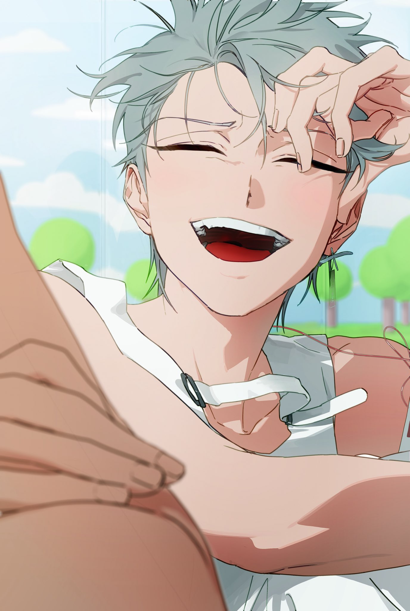 a digital drawing of a young anime boy with white hair smiling and laughing, wearing a white sleeveless shirt. he's sitting on the grass, and his arm is up, reaching his hand up to his face, touching it. the background is a park with trees, grass and a blue sky.