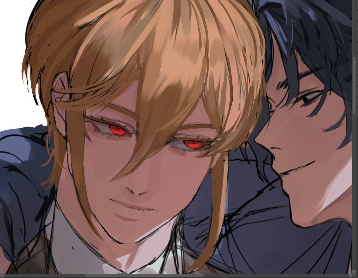 a drawing of a couple, the one in front with long blond hair and red eyes looks at the camera with a sly smile while the other one with blue hair and a smirk is holding them close, both are drawn in a manga art style with soft shadows.