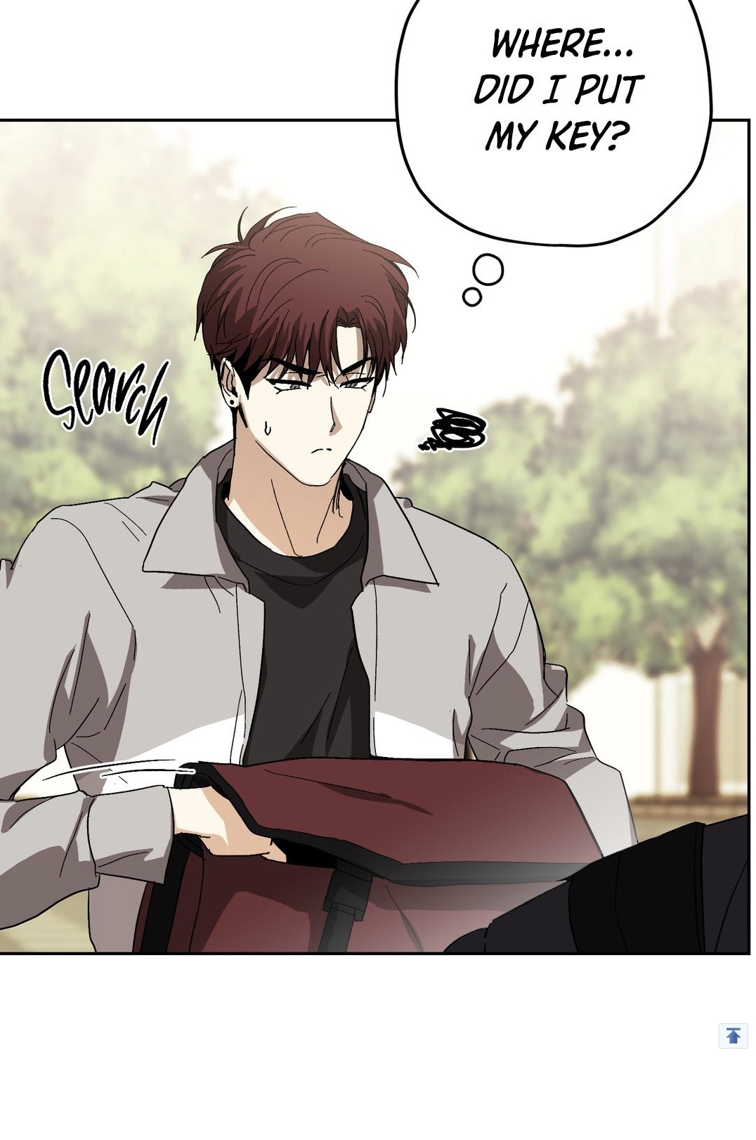 the image shows a closeup of an animestyle man with brown hair, looking concerned. he is searching through his bag, and a thought bubble above him says, "where... did i put my key?" the background is blurry but shows a parklike setting with trees and buildings. the overall style is that of a graphic novel or comic book.