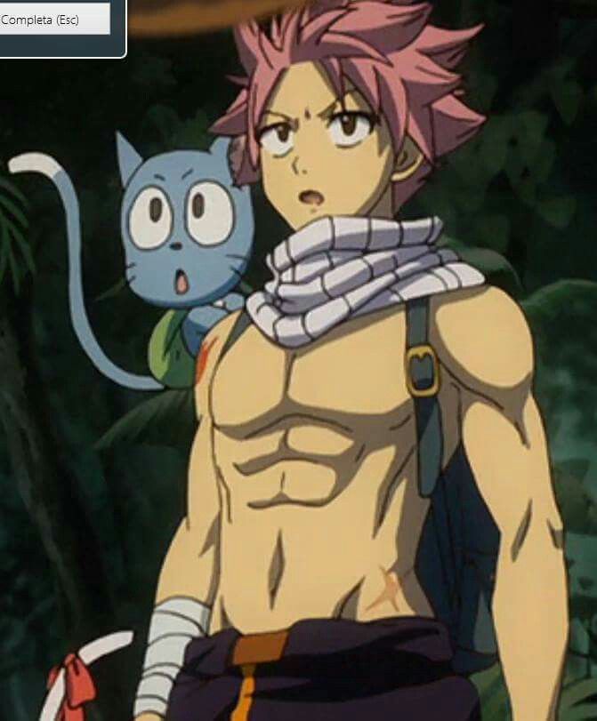 this is an image of natsu dragneel from the anime "fairy tail". he is shirtless, showing off his muscular physique. he has a red scarf around his neck and is holding a sword in his hand. he is standing in a green forest with his blue cat companion, happy.