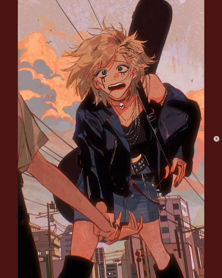 the image is an animestyle illustration of a young woman in a black leather jacket and blue denim shorts. she has blonde hair, and is crying, looking down at her hands. she is being held by another person who is out of frame. in the background, there is a city skyline with sunset and a guitar case. the art style is a vibrant, colorful, and expressive style that is common in anime and manga. the illustration evokes a sense of sadness and loneliness, but also hope and resilience.