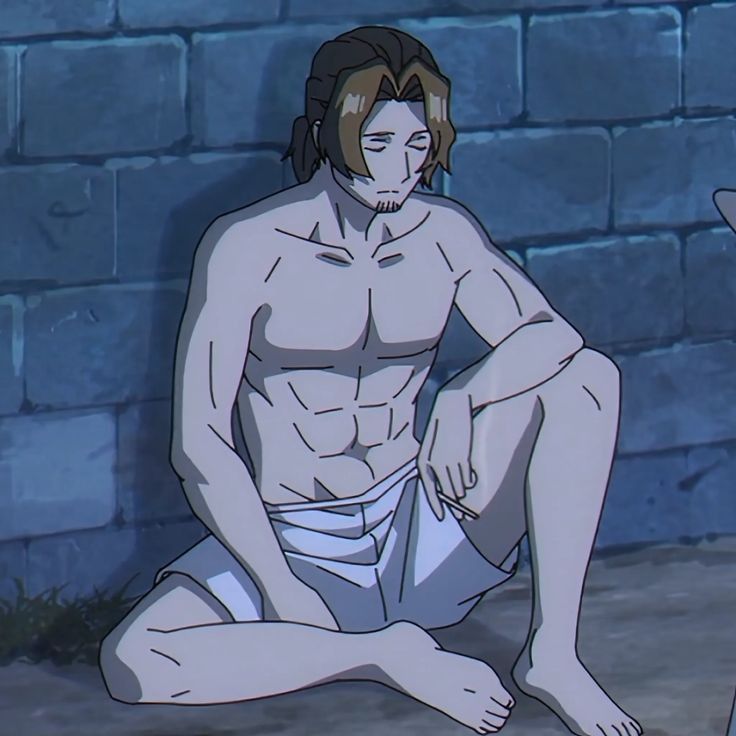 a shirtless and muscular anime man sits on the ground in what looks like a jail cell. he is wearing white pants and has his hand on his knee. his expression appears tired and dejected. the background is a bluegray stone wall, and the overall lighting is soft and subdued.