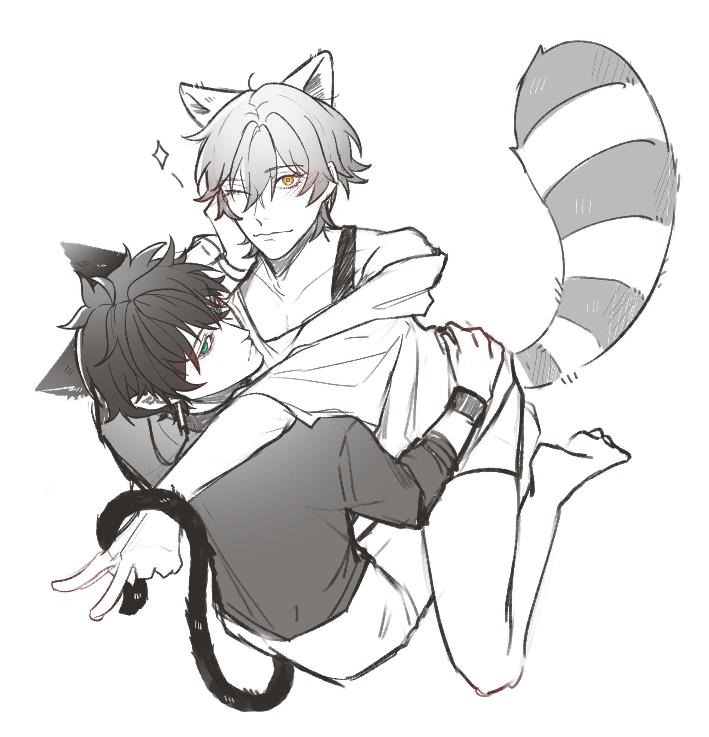 this is a drawing of a cute anime couple. the boy with cat ears is holding the boy with raccoon ears. both boys are smiling and looking at each other. the drawing is in black and white, with a few touches of color for highlights. the drawing is done in a manga style.