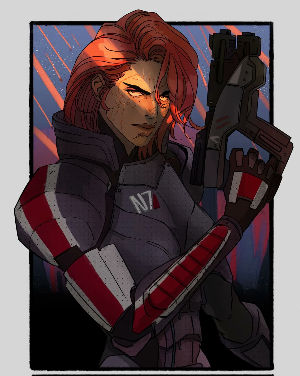 a digital art illustration of a female commander shepard from the mass effect video game series. she has red hair, is wearing n7 armor with red and white stripes, and is holding a gun. there are scars on her face, and the background is a mix of orange and blue with a black border.