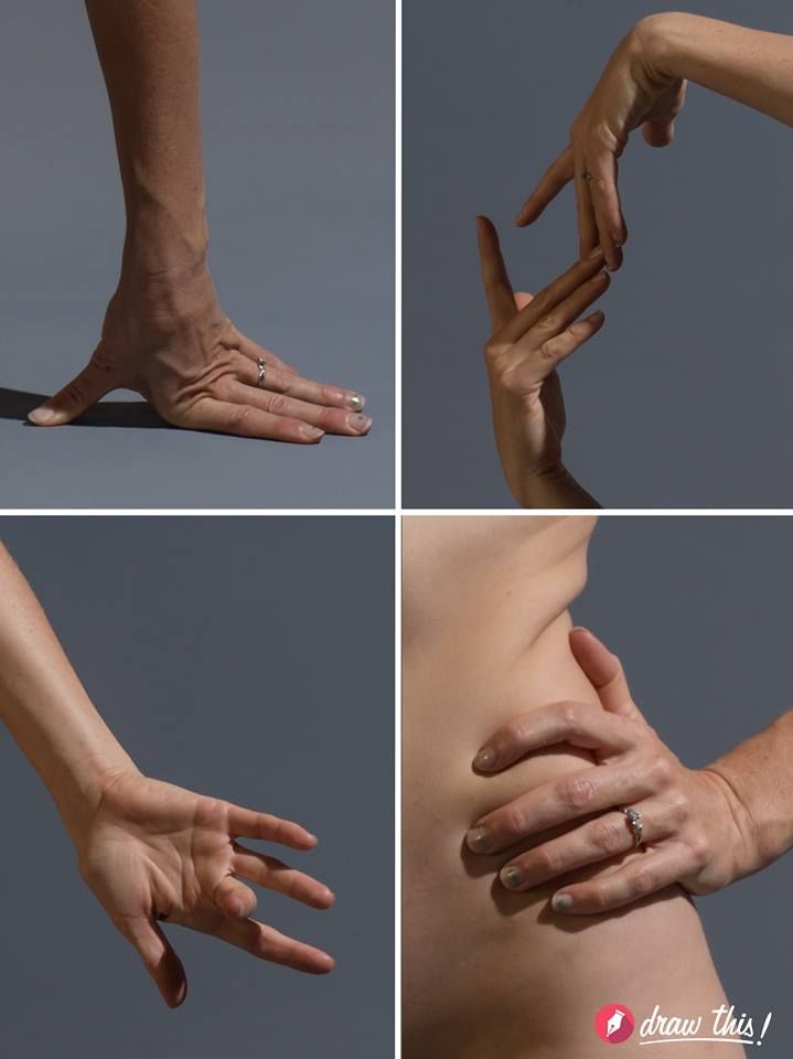 this is a closeup image of a person's hand and arm in various poses.  the hands are shown in different positions, with the fingers spread out, bent, and clasped together.  the image is a good reference for artists who want to study the anatomy of the hand.