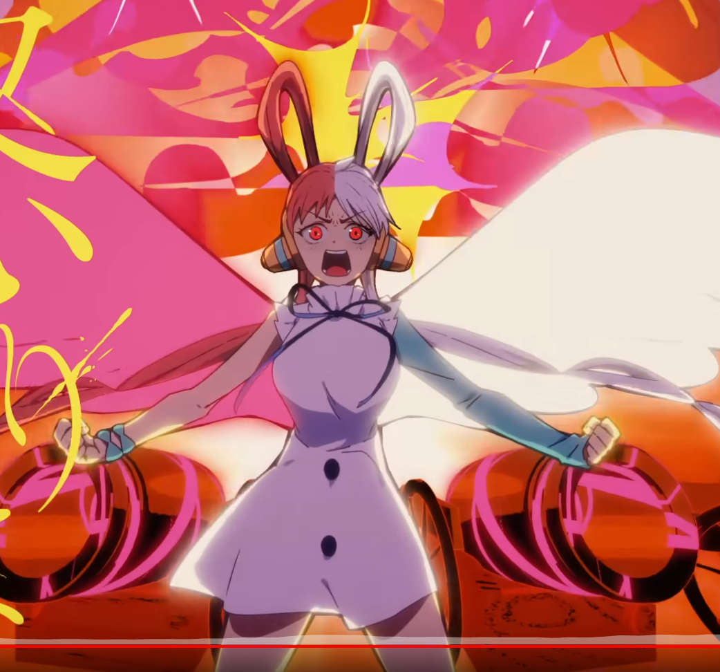 the image features an animestyle girl with split red and white hair, bunny ears, and heterochromia, giving her one red eye.  she's wearing a white dress and cape with red accents and has an angry expression, with her mouth open in a shout.  she's positioned dynamically with fists clenched, wielding large, stylized cannons.  the background is an abstract explosion of pink, orange, and yellow.