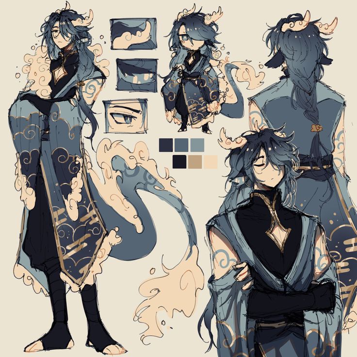the image is a character design sheet for a male fantasy character. the character has blue hair, horns, and wears clothing that appears to be inspired by east asian styles.  the sheet includes multiple views of the character, including a fullbody illustration, a smaller chibistyle illustration, a back view, and closeup details of his eyes and hair.  there's also a color palette and sketches of a flowing, dragonlike tail included. the overall style is a blend of anime/manga influences with a loose and painterly digital style. the character's clothing features ornate details and flowing fabric.
