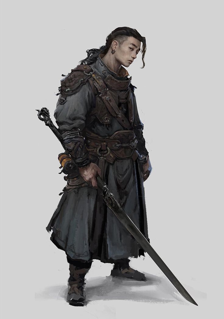 a digital illustration of a young man dressed in a dark gray robe with a dark sword strapped to his hip. he is holding a long, black sword with a dragonlike hilt. he looks serious and determined. the background is gray.