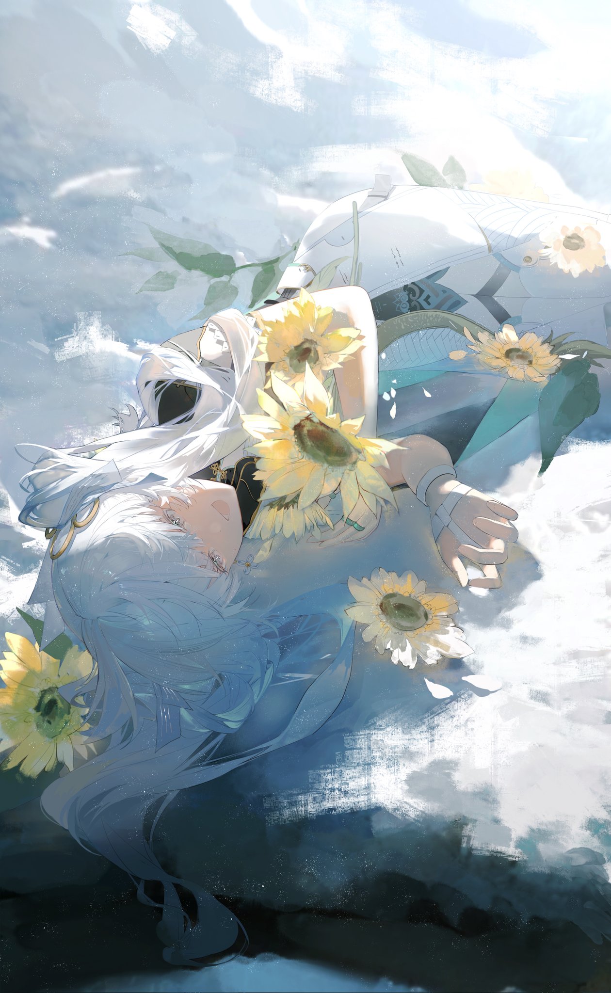 the image is a digital painting of an animestyle young woman with long white hair. she is lying down amidst a scattering of sunflowers, on a cloudy, ethereal landscape. she appears to be wearing a pale blue outfit that is somewhat reminiscent of a damaged or broken mecha suit. the overall style is dreamy and soft, with a focus on light and peaceful atmosphere. the colors are predominantly pale blues, whites, and the yellows of the sunflowers. the art style is highly stylized, with a focus on soft brush strokes and a blend of realistic and painterly elements.