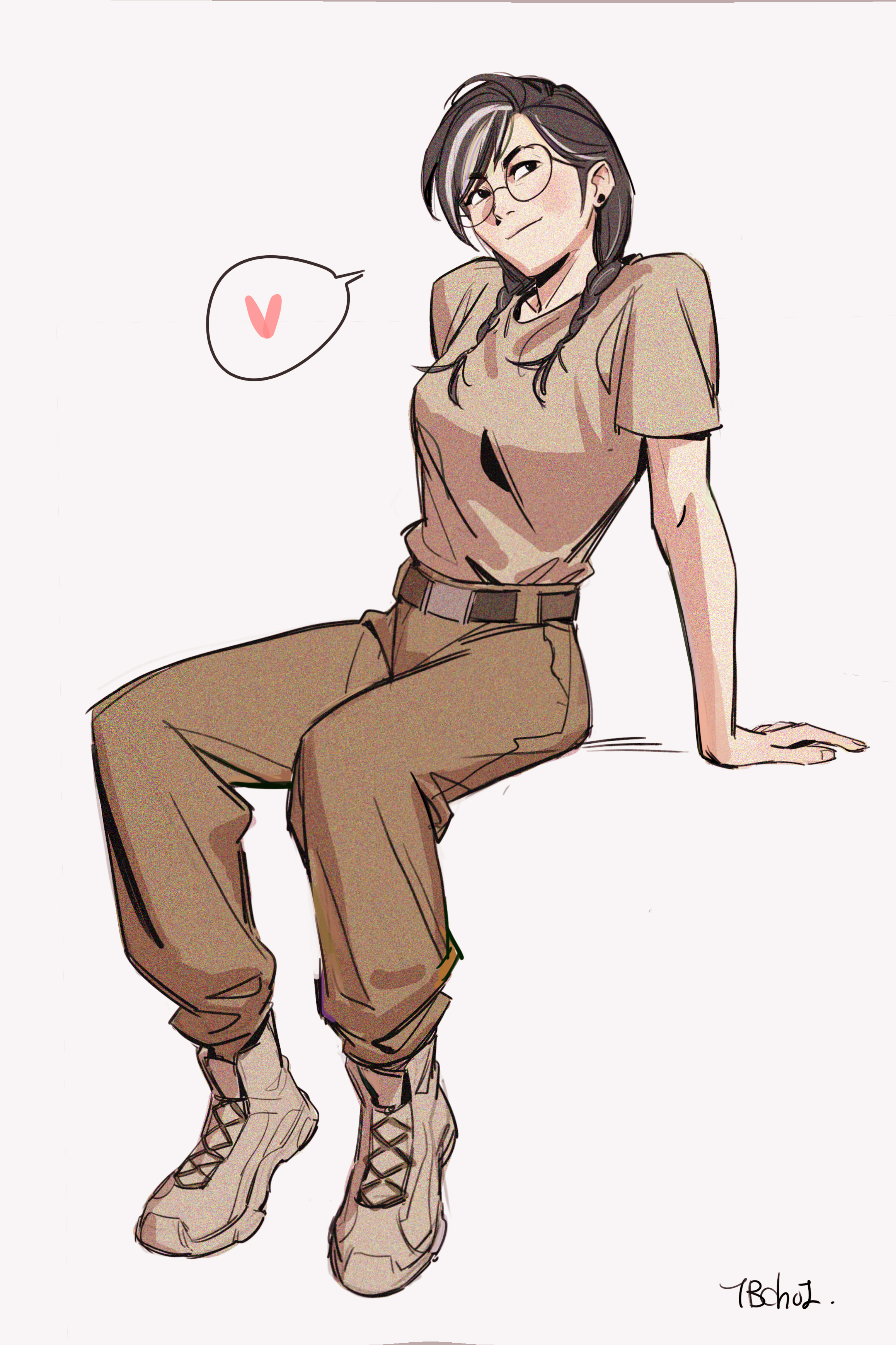 the image is a digital drawing of a young woman, possibly an anime or manga style character. she is sitting with her legs crossed, smiling slightly. she has shoulderlength brown hair styled in two braids, glasses, and is wearing a tan tshirt and khaki pants with beige boots. the background is plain white. a small speech bubble with a heart shape is next to her head. the overall style is casual and relaxed. the artist's signature is visible in the bottom right corner.