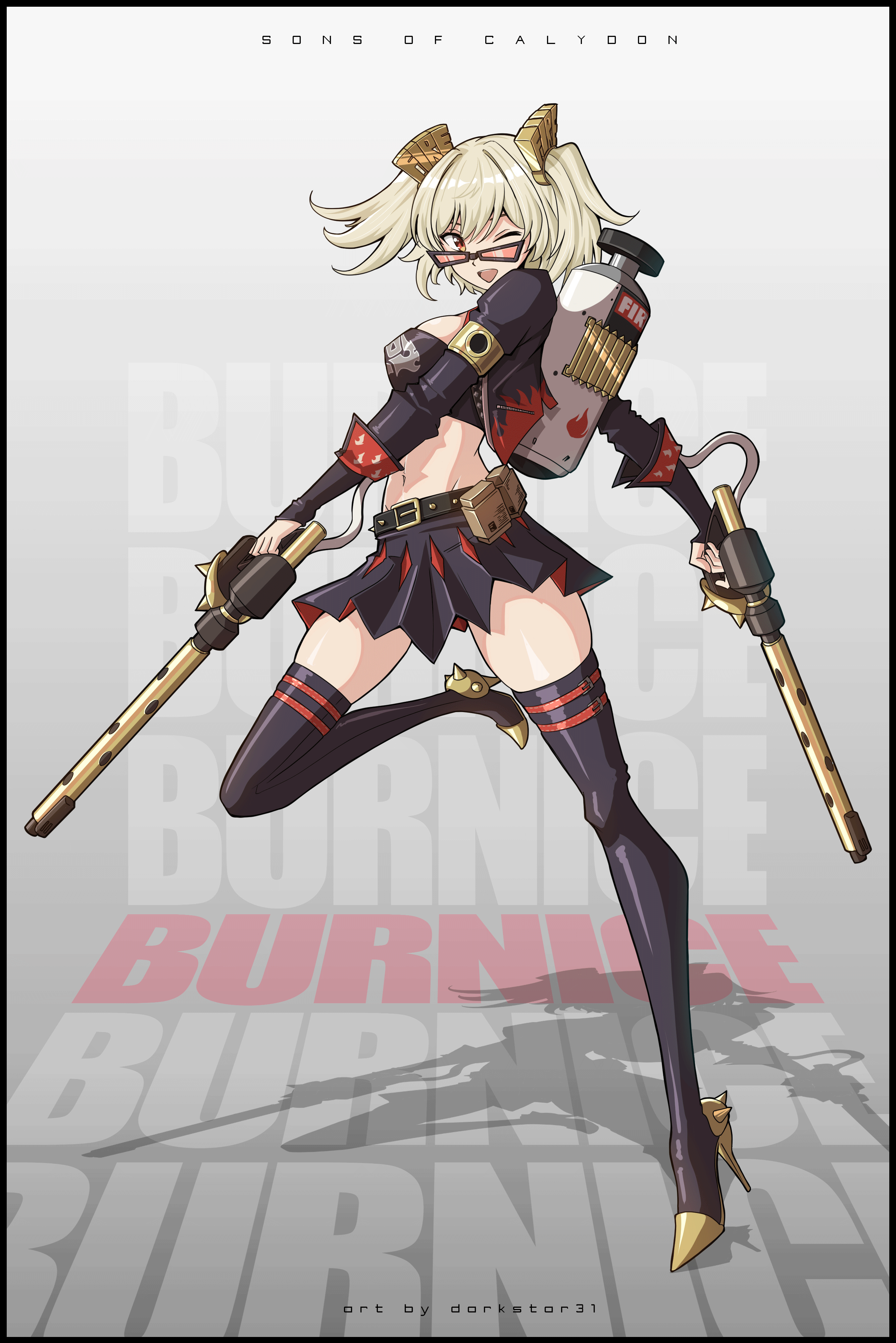 a blonde anime girl with goggles is posing with two futuristic weapons. she's wearing a red and black outfit, a skirt, and kneehigh boots. the background is white with the word "burnice" in pink and black letters. the image appears to be a drawing.