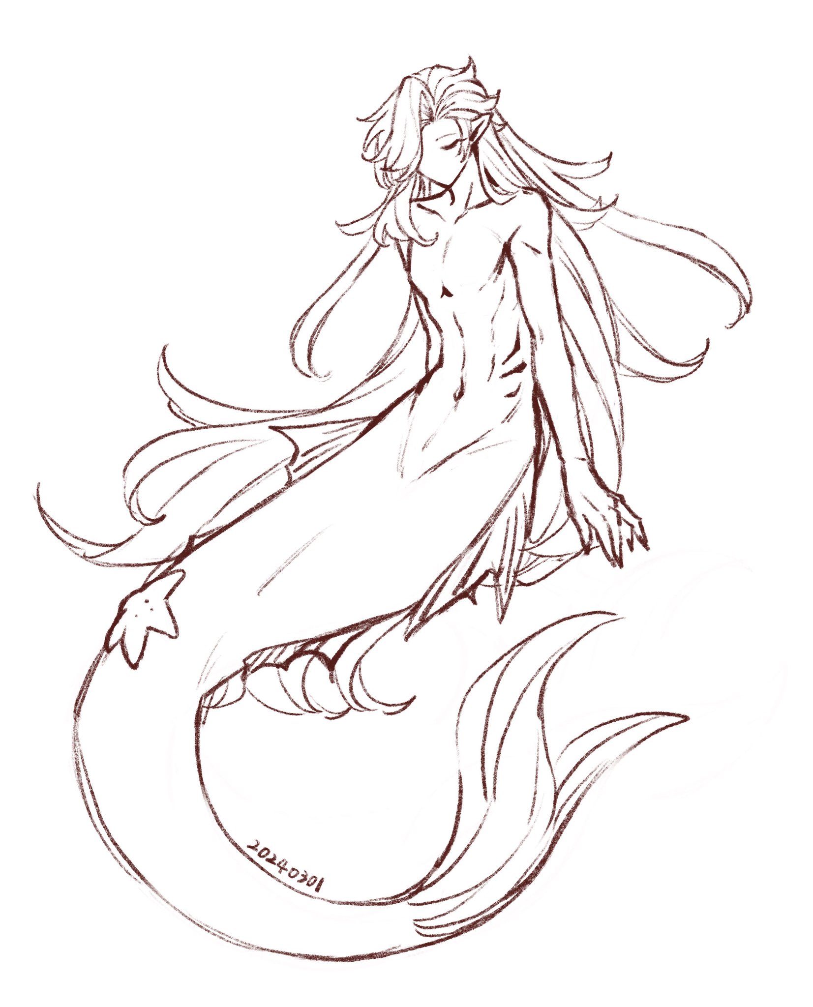 he image is a brown pencil sketch of a merman. he has long flowing hair, a slender build, and a detailed fishtail with a small starfish near the base. the style is elegant and graceful, evoking a sense of serenity.  the sketch is done with loose lines, suggesting movement and fluidity. the merman's pose is relaxed, and his eyes are closed, adding to the peaceful mood of the artwork. the sketch is signed with a date in the lower portion of the tail.