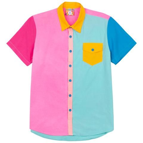 a colorful colorblocked shortsleeved buttondown shirt is displayed. the shirt is divided vertically, with the left side being pink and the right side being light blue. the left sleeve is also pink, and the right sleeve is a darker blue. it has a yellow collar and a yellow pocket on the right side. the buttons are blue.