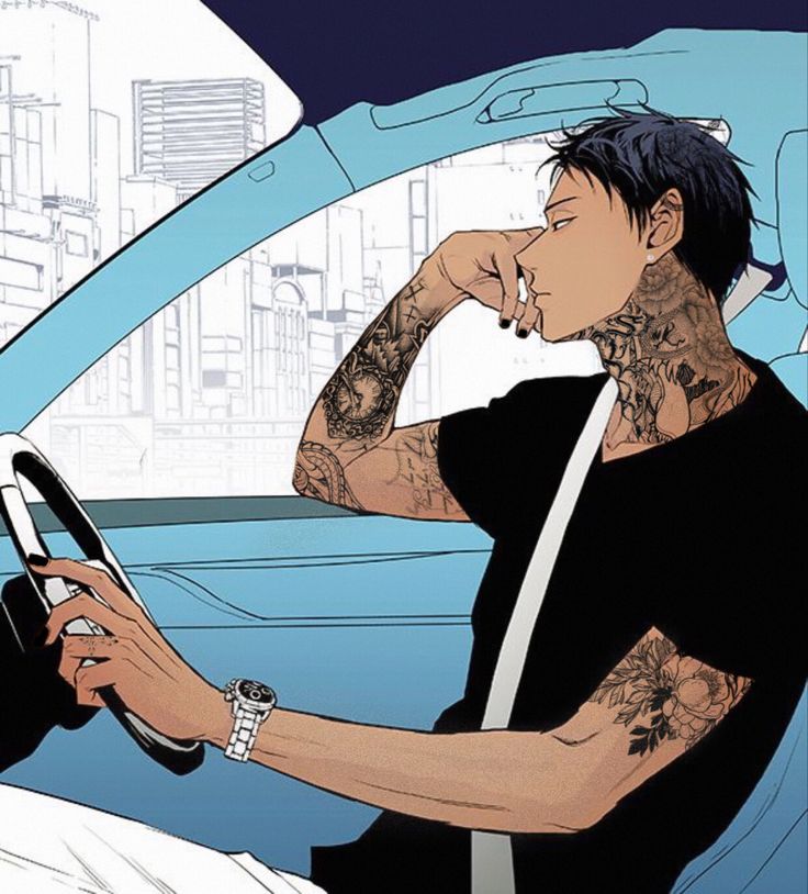 the image is a detailed illustration of an anime or manga style man with numerous tattoos on his arms and neck. he is seated in a light blue convertible car, driving through a city. his expression is somewhat serious and pensive. he wears a black shirt and a wristwatch. the background is a stylized city skyline.  the overall style is sharp and graphic with strong line work and muted colors.