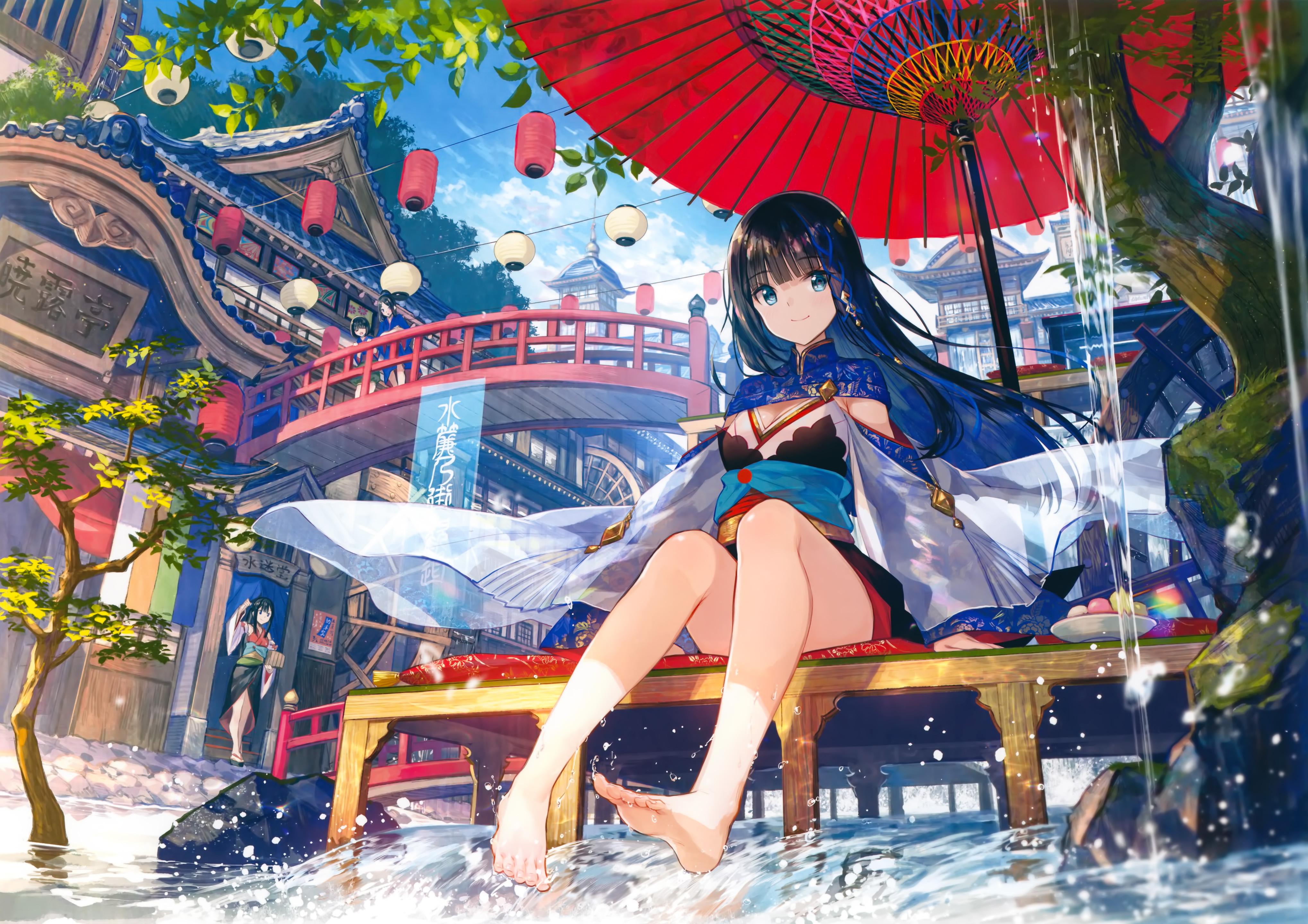 he image is a vibrant and colorful animestyle illustration of a young woman with long dark hair and blue eyes. she is wearing a beautiful kimono and sitting barefoot on a small wooden platform in a traditional japanese setting. it's raining lightly, and the water splashes around her feet.  a red umbrella provides shade above her. the background features a picturesque town with traditional japanese buildings, lanterns, and a bridge. the overall atmosphere is cheerful and summery.