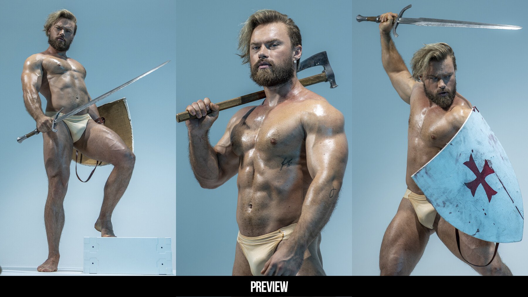 this photo features a muscular, handsome man in three poses, all holding different medieval weapons. he's barechested, wearing a loincloth and holding a sword in one pose, an axe in another, and a shield and sword in the third.  the background is a plain blue, which highlights the man's physique and the weapons.