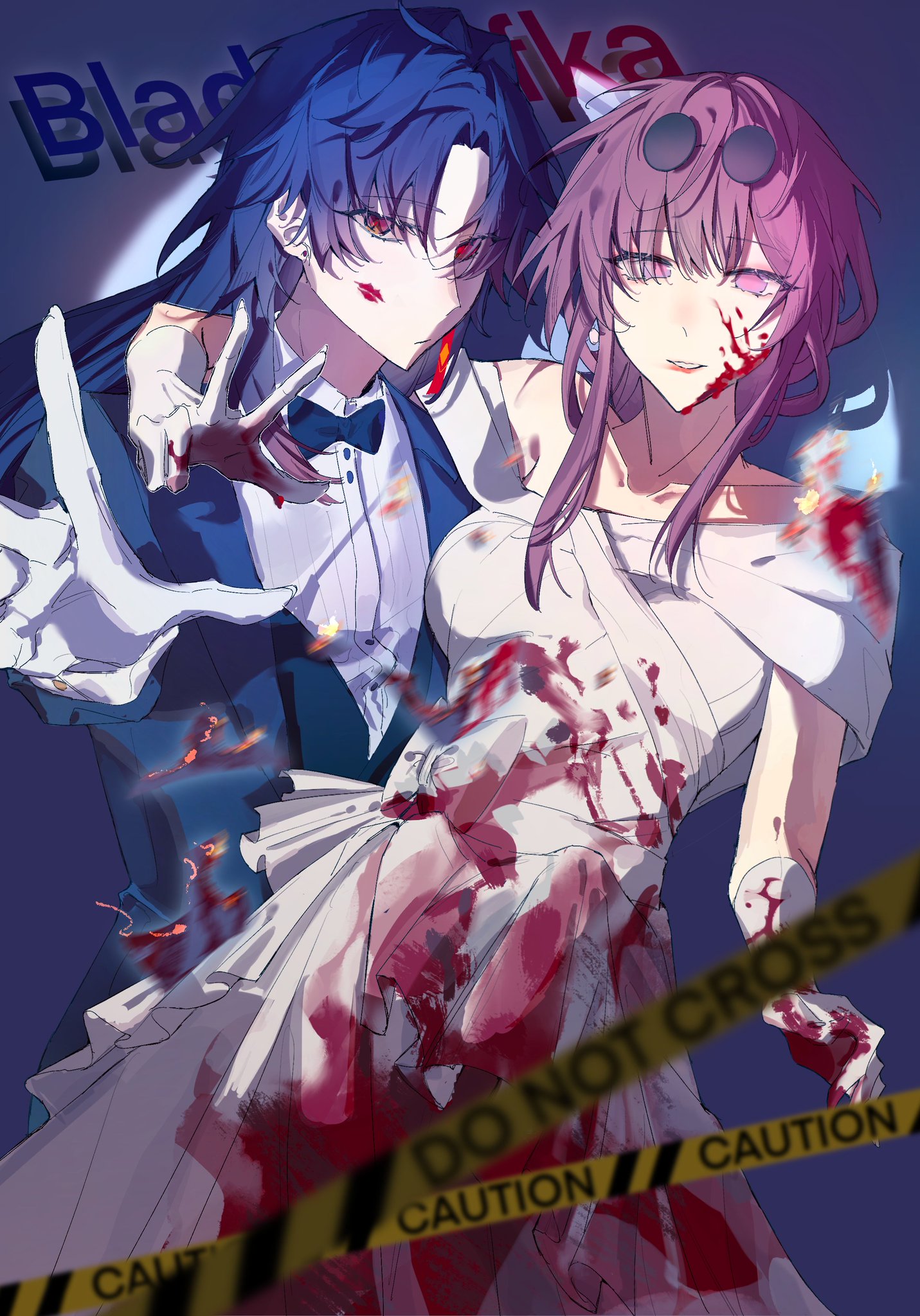 this is a digitally drawn artwork depicting a couple. the woman is dressed in a wedding dress covered in blood and is holding a bloodied white glove.  the man is dressed in a black suit with a white shirt and black tie.  he has a white glove on one hand and a bloody hand on the other. the background is a dark purple color with yellow caution tape that reads "do not cross" and "caution." the artwork has a very dark and sinister vibe.