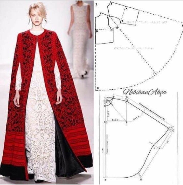the image shows a model wearing a red and black cape over a white dress, alongside two sewing patterns. the cape is long and flowing, with slits for the arms. the dress is a long, fitted gown with intricate lace detailing. the sewing patterns appear to be for the cape, with diagrams and measurements.