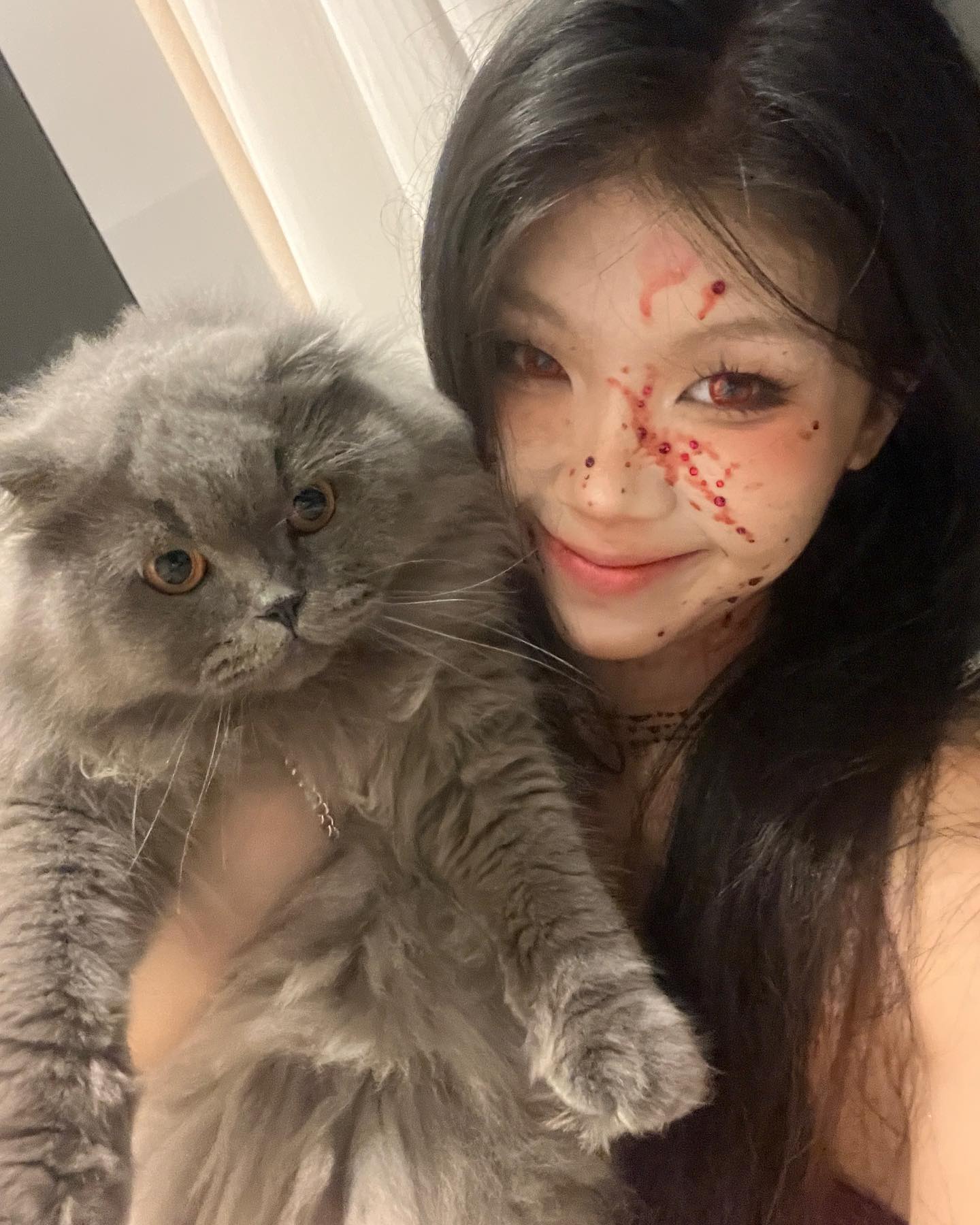 a woman in a vampire halloween costume poses for a selfie with her gray cat. the woman has fake blood around her eyes and mouth and is smiling at the camera. the cat is looking at the camera with wide eyes.