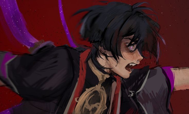 a dynamic, closeup illustration of a young man with dark hair and eyes in the midst of an intense action.  his mouth is open, possibly yelling, and his expression is strained.  he wears an elaborate black and red outfit with gold accents, and purple energy or magic trails behind him against a deep red background. the overall effect is dramatic and energetic.