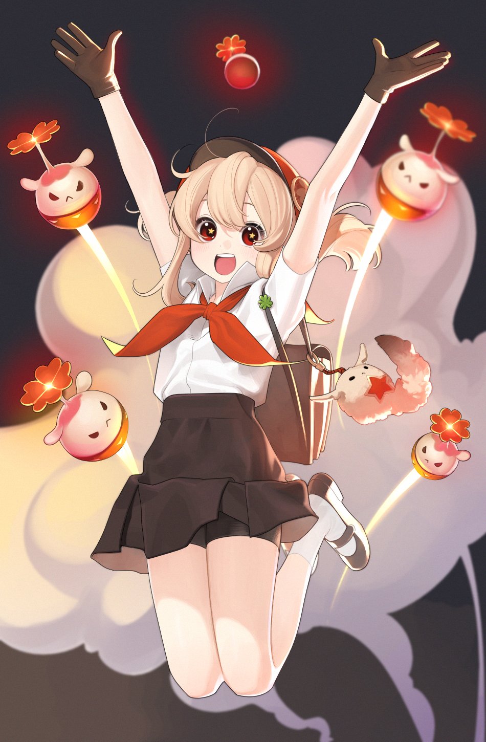 a young anime girl in a school uniform leaps for joy, surrounded by fantastical creatures resembling flowers with faces. these creatures, some airborne with trailing smoke, contribute to the sense of playful chaos. she has blonde hair, striking red eyes, and a cheerful expression. her attire consists of a white shirt, black skirt, and a red neckerchief. black gloves and a brown bag complete her look. the background is a dark, smoky gray that accentuates the vibrant colors of the girl and the creatures. the overall atmosphere is one of lighthearted fun and fantasy.