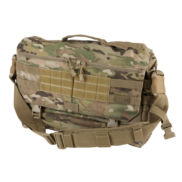 a 5.11 tactical messenger bag in multicam camo pattern. the bag is a popular choice for everyday carry, and is known for its durability and functionality. it has a large main compartment, several smaller pockets, and a padded laptop sleeve.