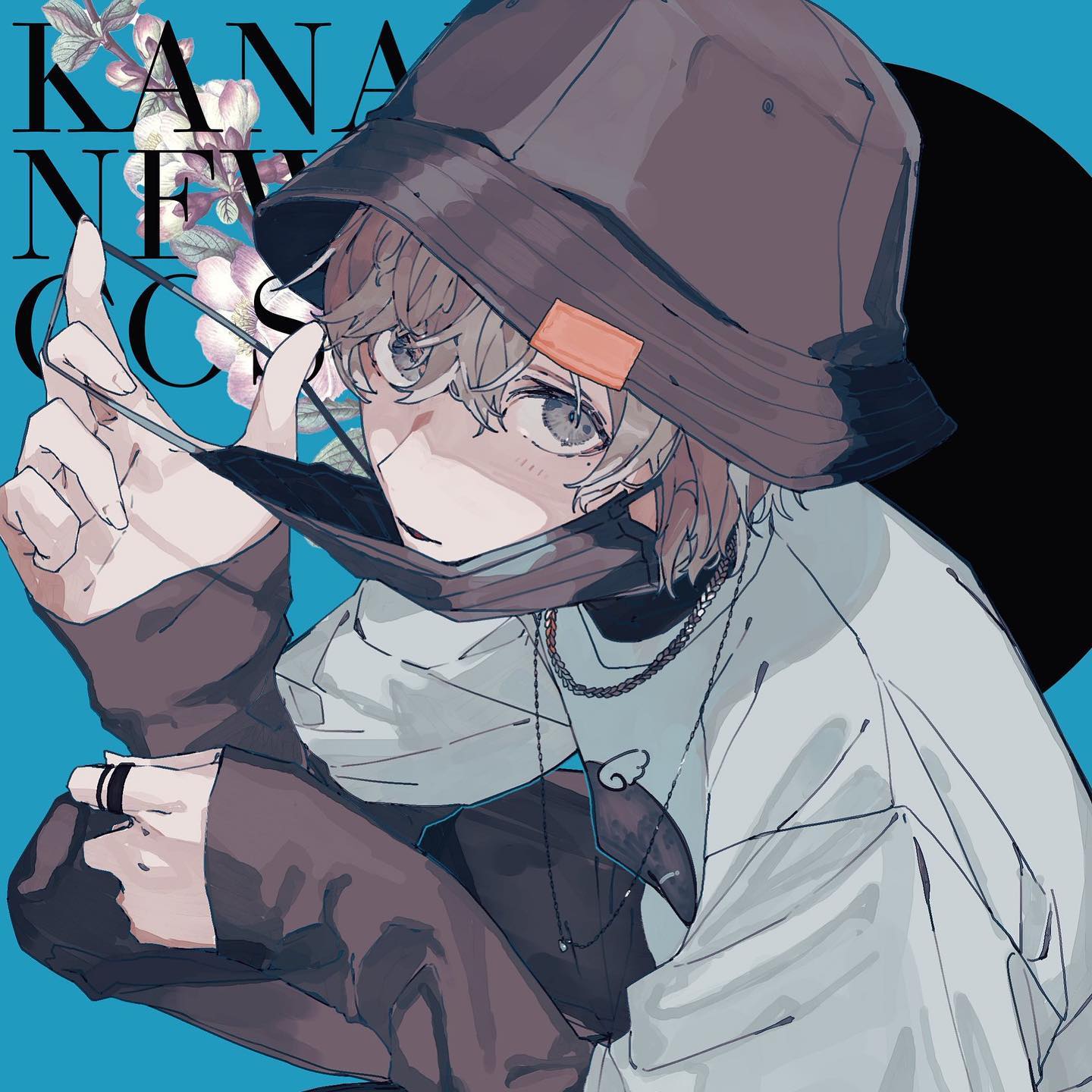 a digital illustration of an anime boy wearing a hat, face mask, and a white tshirt. he has  blonde hair and blue eyes. the background is blue.