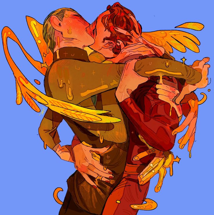 he image is a digital illustration depicting two men passionately embracing and kissing.  their bodies are intertwined, and their hands are clasped tightly around each other. they are surrounded by stylized, flowing goldenorange shapes that resemble wings or abstract splashes of liquid. the overall style is vibrant and colorful, with a surreal and slightly abstract quality. the men's clothing is detailed, and their expressions are intense and emotional. the background is a solid light blue. the style is reminiscent of comic book art or character design.