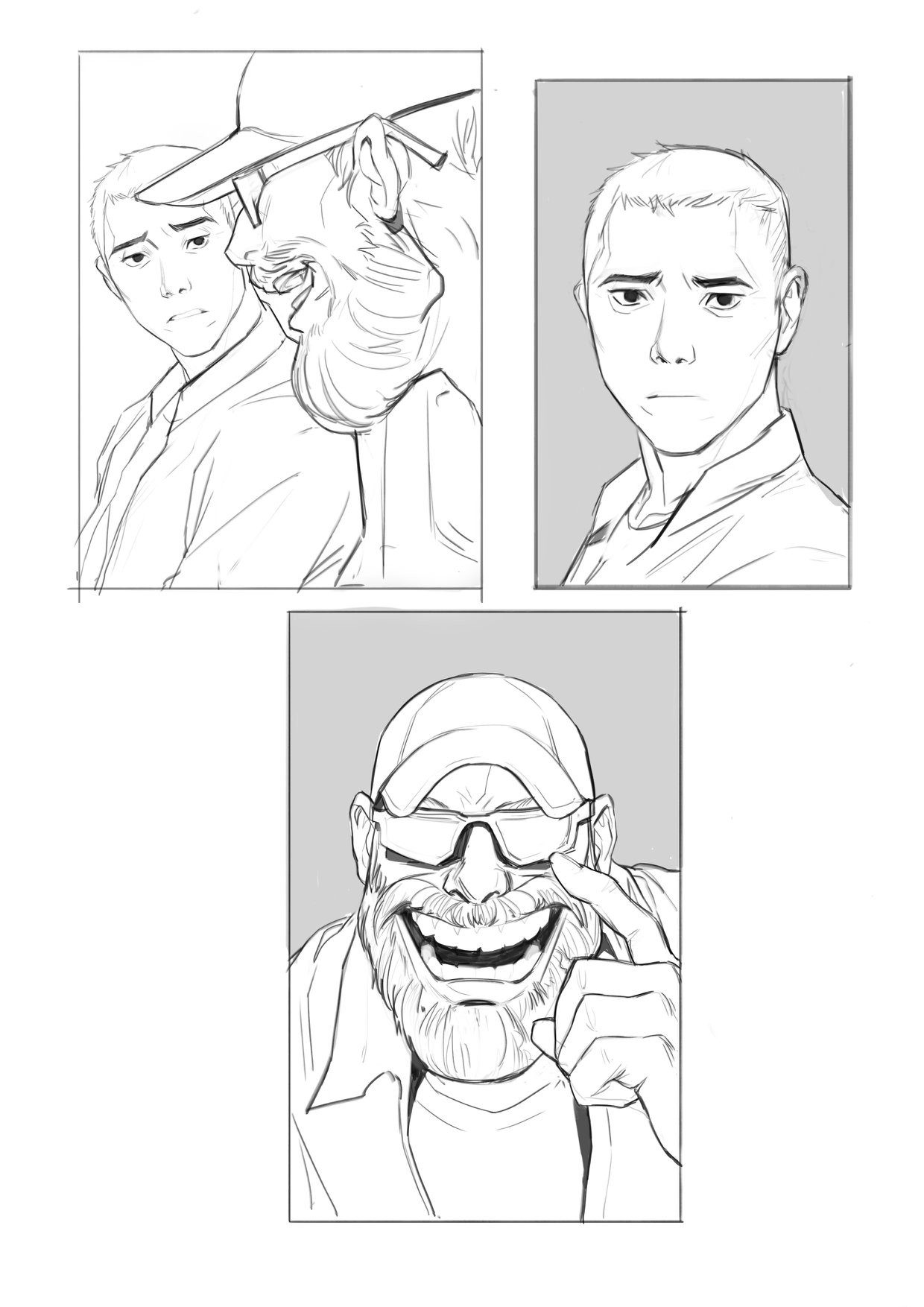 he image contains three separate sketches. the top left sketch depicts two men, one younger and one older, the older man’s arm around the younger man. the top right sketch shows a young man with a serious expression, and the bottom sketch shows an older man with a beard and sunglasses, smiling broadly. all three sketches are in black and white. they appear to be character sketches for a graphic novel or comic.