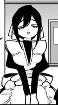 a black and white drawing of a young girl with long hair, wearing a school uniform. she is sitting down with a slight smile on her face and her eyes closed. the style is reminiscent of manga.