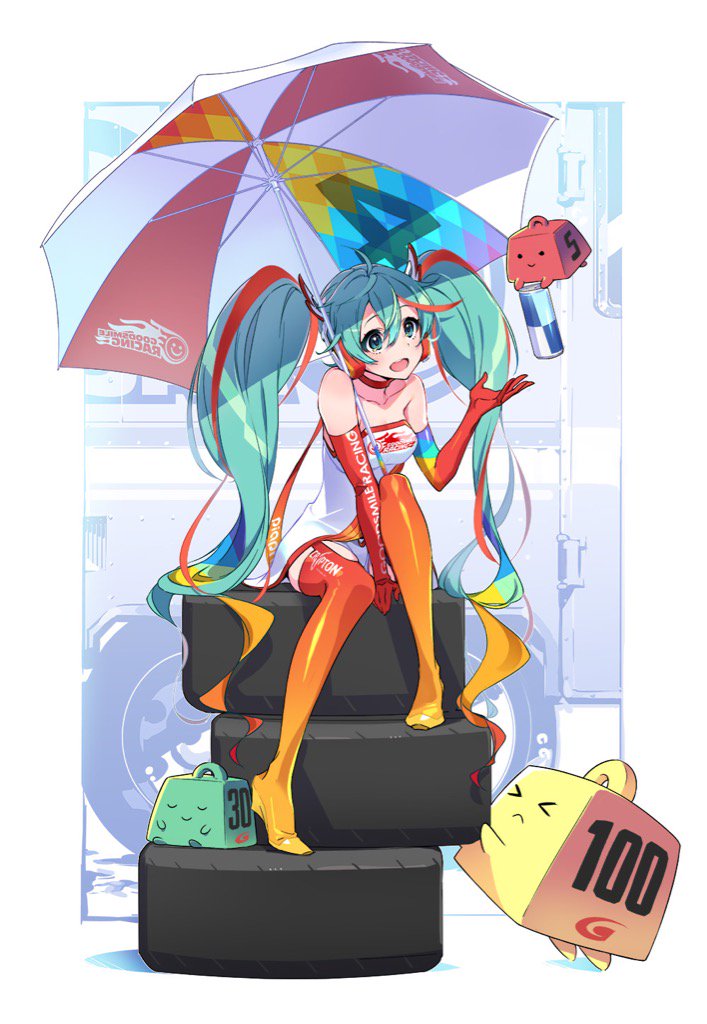 an animestyle illustration of hatsune miku, depicted as a race queen, wearing a red and white racing suit and sitting on a stack of tires. she holds a red and white umbrella overhead and a small carton of pocari sweat. two anthropomorphic fuel cans flank her, numbered '30' and '100'.  the background hints at a bustling racetrack pit lane.