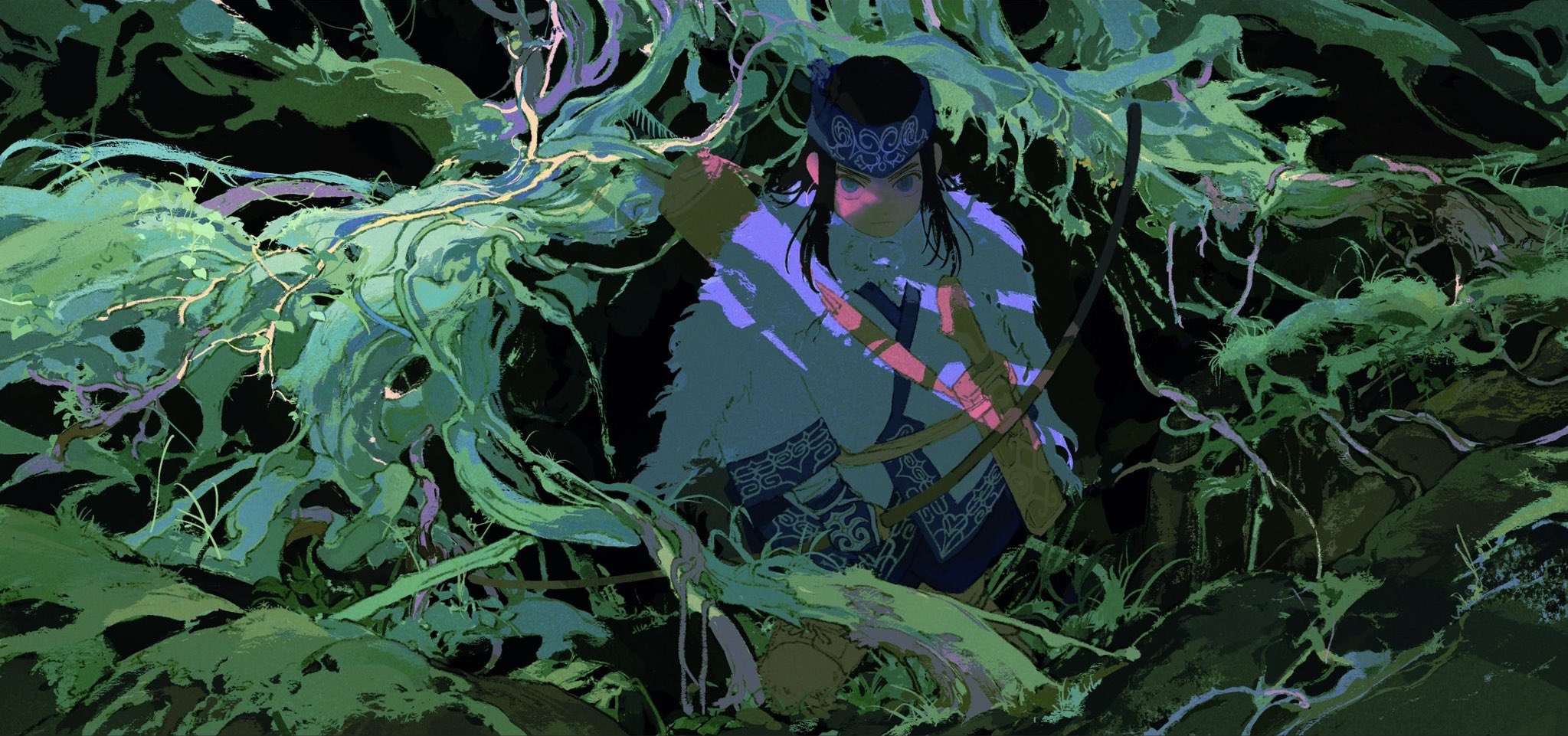 a lone female hunter with a bow and arrow is partially hidden within a vibrant, overgrown forest. her expression is focused and alert, suggesting stealth and purpose. the lighting is dappled, casting shadows and hinting at a magical atmosphere. the overall feeling is one of adventure and mystery.