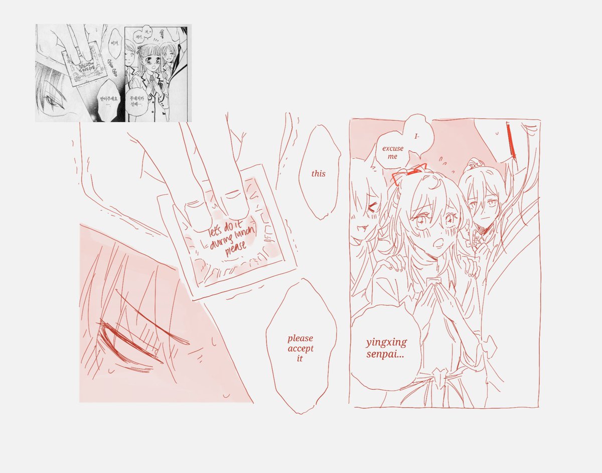 he image is a digital drawing combining mangastyle art with a more modern, sketchy aesthetic.  the main focus is a blushing girl in a loose robelike outfit surrounded by two other girls.  a hand in the foreground is offering a condom packet with text on it, reading "let's do it during lunch, please."  the text also includes "excuse me," "please accept it," and "yingxing senpai...".  in the upper left corner, a smaller panel shows a scene from what appears to be a manga page. the overall tone is suggestive, hinting at a romantic encounter or proposal within the context of a school setting.  the style is light and somewhat amateurish, but conveys a clear narrative.