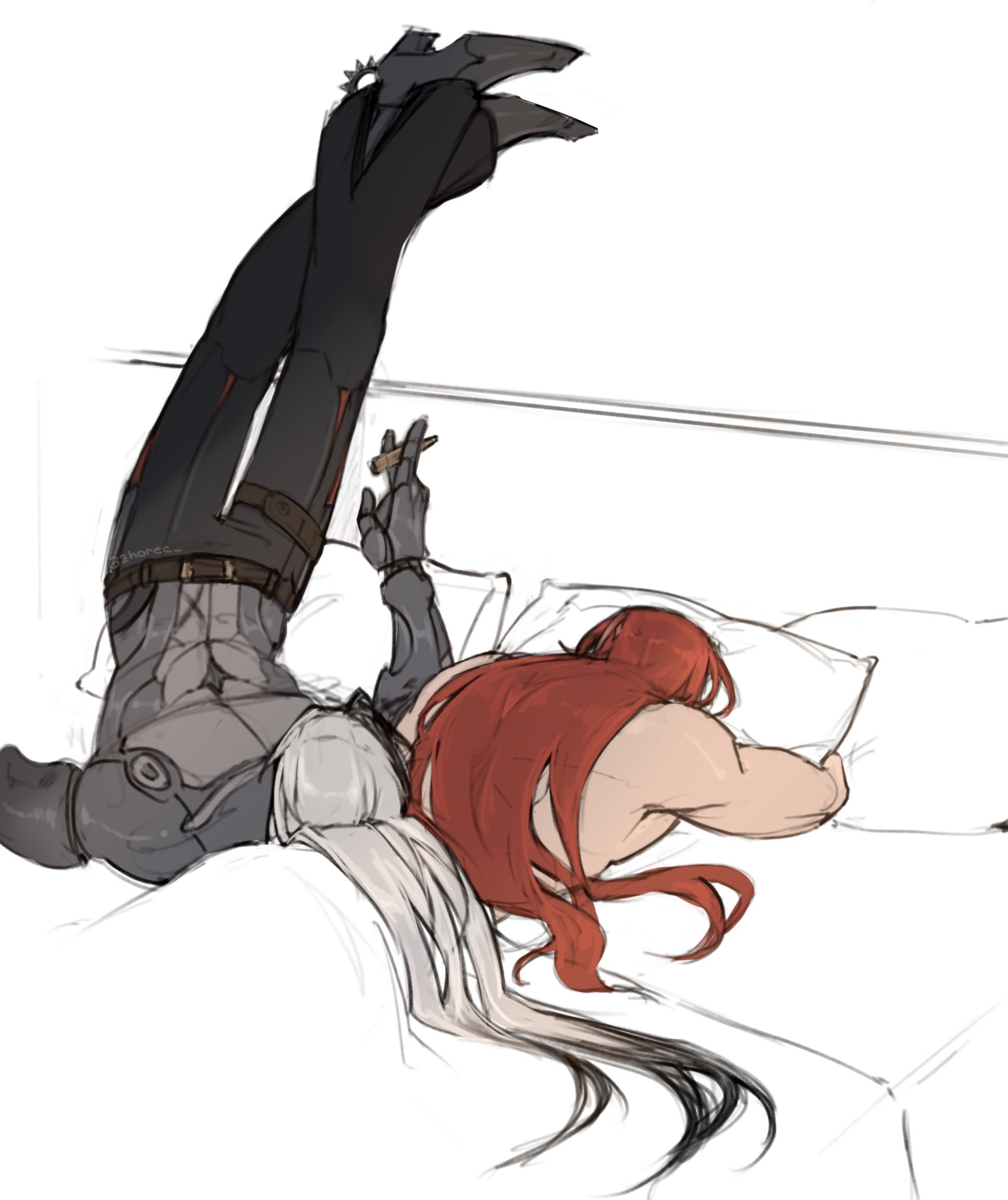 the image is a digital sketch or drawing in a style reminiscent of anime or manga. it depicts two individuals, one with long red hair and a muscular build lying on a bed, seemingly relaxed or sleeping. the other person, with long white/gray hair, is lying with their legs raised in the air resting on the headboard, holding a cigarette.  the art style is loose and sketchy, with visible line art and subtle shading. the overall mood is intimate and casual. the setting is a simple bedroom with a bed, suggesting a comfortable and private moment.