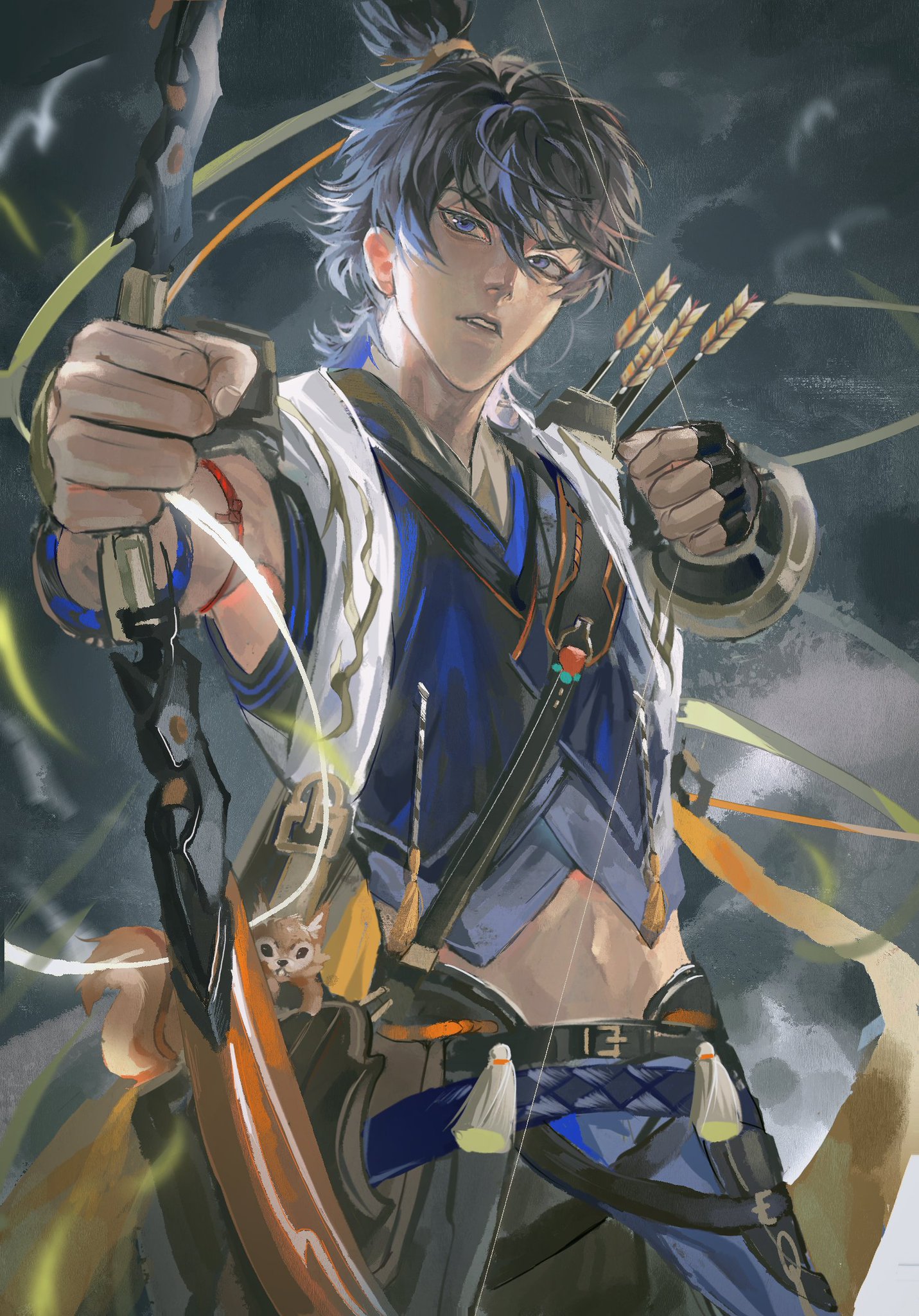 this digital artwork features an anime male character with blue hair and blue eyes, holding a bow and arrow, in a fighting stance. he's dressed in blue and yellow clothing, with a serious and focused expression. the image has a dynamic and actionpacked style, suggesting that the character is in the middle of combat. the background is a blend of hazy, gray tones, adding to the atmosphere of the scene.  the detail in the character's clothing and the expression on his face emphasizes his determination and focus. the artwork is a striking example of digital art, blending realism and stylized anime elements.