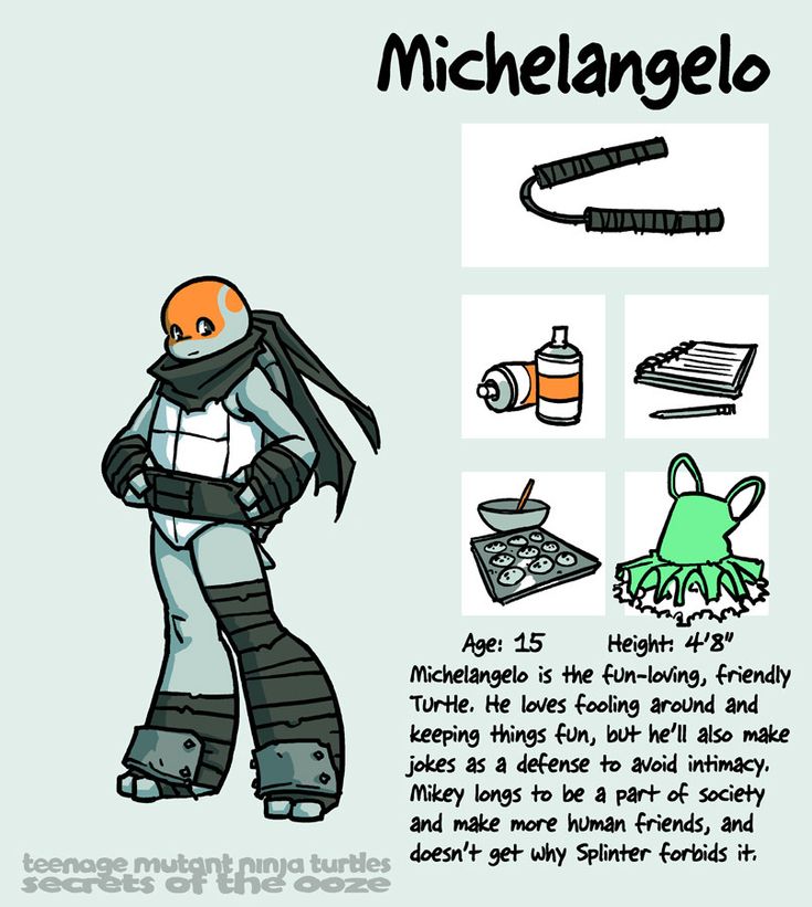 this is a profile of michelangelo from the teenage mutant ninja turtles cartoon series. the profile includes his age, height, and a description of his personality. it also includes an illustration of michelangelo as well as other items that represent him: nunchucks, spray paint, a notebook, a bowl with cookie dough, and a green apron.