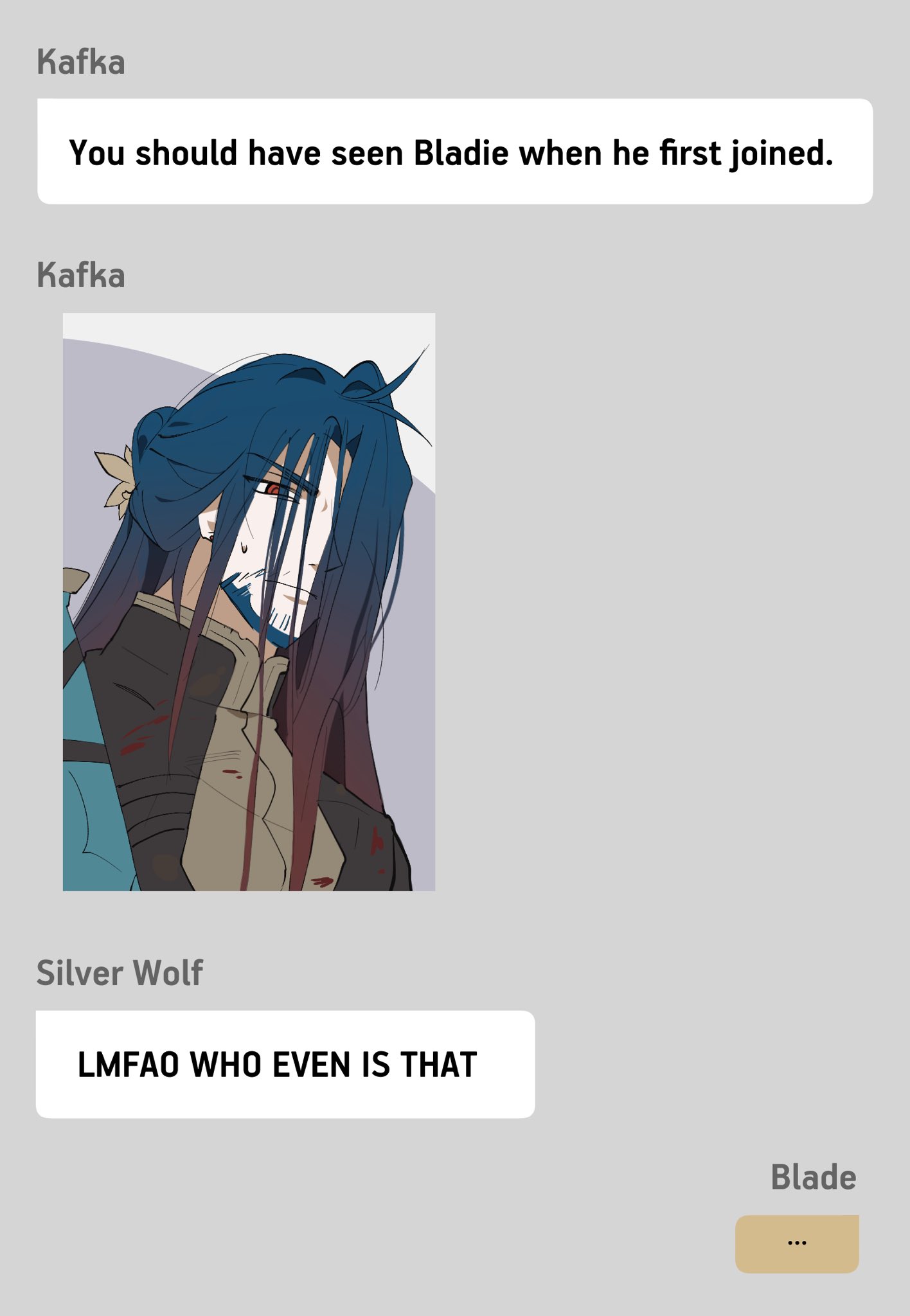 a drawing of a character from a manga comic book. the character has long blue hair and red eyes. the character has a silver wolf icon above his head. he is wearing a silver wolf shirt. he has the text "lmfao who even is that" next to his name.