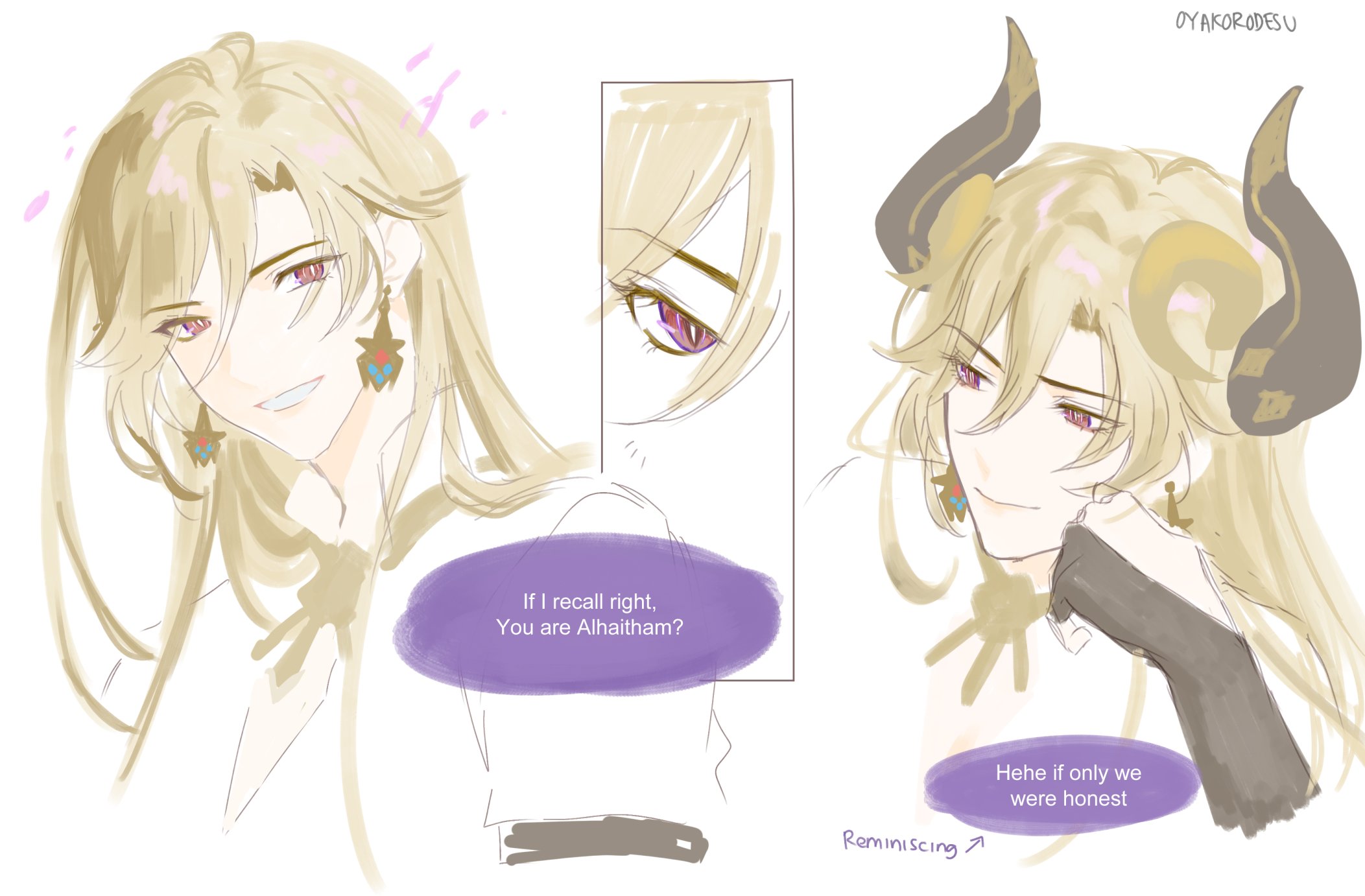 a drawing of the genshin impact characters alhaitham and kaveh. alhaitham is on the left and kaveh is on the right. alhaitham is saying, "if i recall right, you are alhaitham?" while kaveh responds with, "hehe if only we were honest." the drawing has a cute and intimate style.