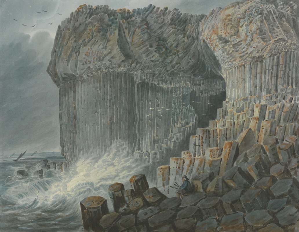 this is a 19thcentury watercolor painting of staffa, scotland, featuring fingal's cave. the cave is composed of hexagonal basalt columns and is located on a rocky coastline with waves crashing against the rocks. an artist sits on the rocks near the entrance of the cave. boats are visible on the rough sea in the distance, and birds are flying in the grey sky.