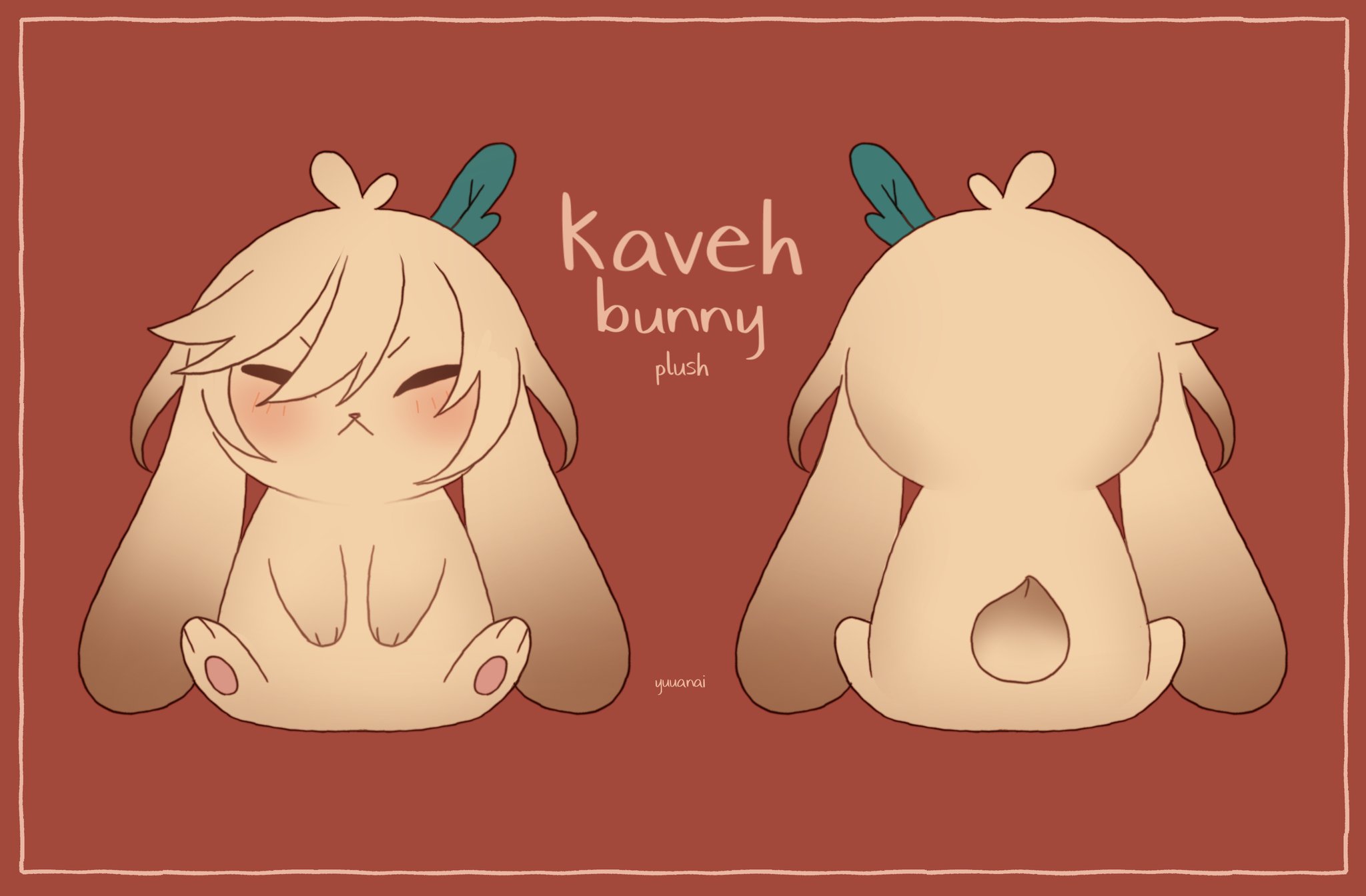 this is a digital illustration of a kaveh plush bunny, a character from the popular video game genshin impact. the image is drawn in a cartoon style, with the bunny looking cute and adorable. the plush bunny has a light brown body, big eyes, and long ears. the bunny is shown sitting in a seated position, with its paws tucked underneath it. the image is set against a red background. the text "kaveh bunny plush" is placed above the bunny, and is written in a cute and playful font. overall, the image is a fun and whimsical depiction of kaveh as a plush bunny. it's perfect for fans of the character and those who love cute plushies.